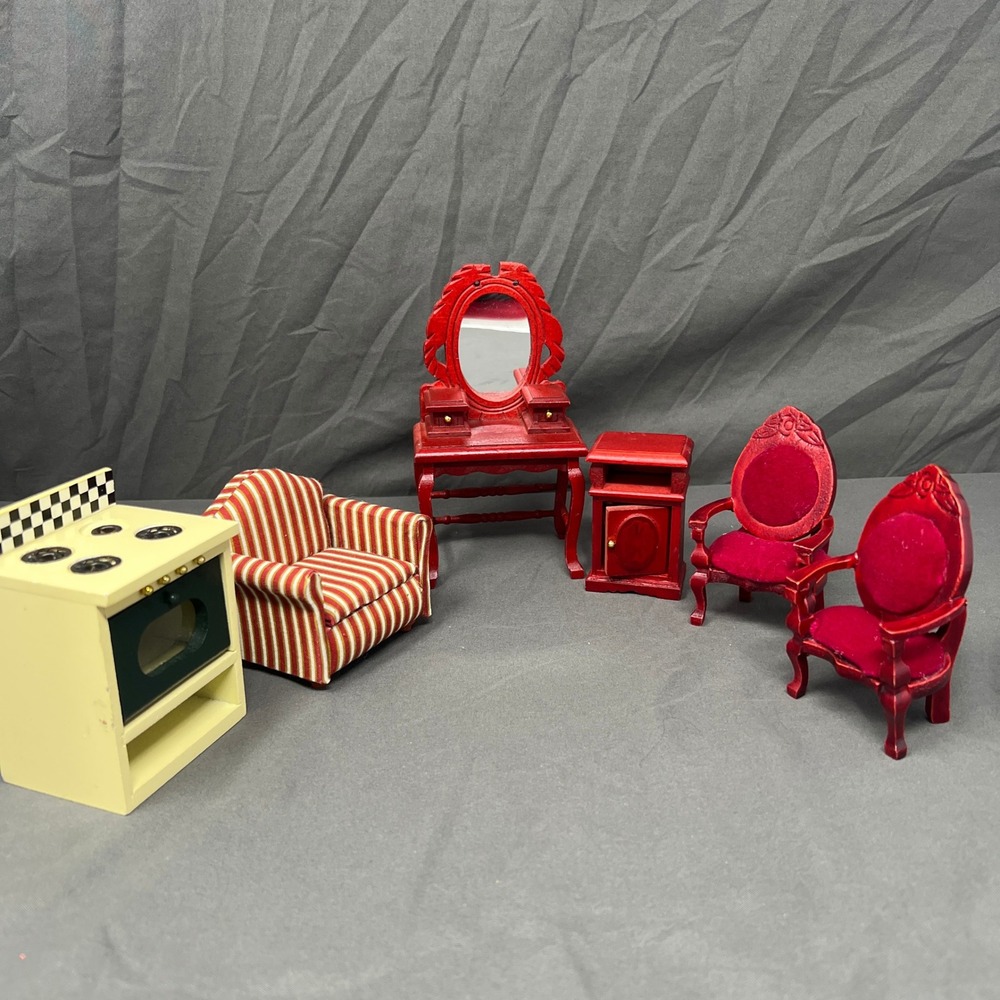 Melissa Doug Victorian Dollhouse Furniture Set Red Cream Wood Retro Style